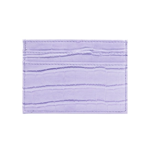 Detail of lavender purple faux leather card holder with textured crocodile skin pattern