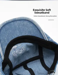 Detail of blue denim ivy cap featuring a soft cotton sweatband and premium inner lining