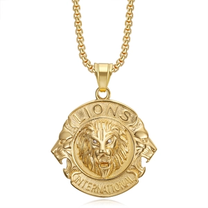 Golden Lion International relief pendant necklace with stainless steel square link chain