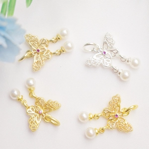 Hollow Butterfly Charm Pendant Copper With Zircon And Faux Artificial Pearl Gold Plated For DIY Jewelry Making Accessories