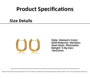 Detail showing gold geometric stainless steel earrings with size 18x23mm and weight 9.9g