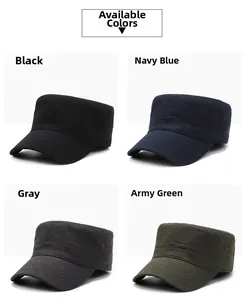 Flat top cadet cap in four colors: black, navy blue, grey, and army green cotton fabric