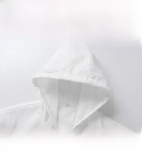 Detail display of white hooded jacket showing clean stitching and drawstring design