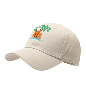 Casquette de baseball beige avec broderie cocotier et bord incurvé pour plage d'été