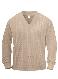 Close-up of khaki V-neck knit sweater with detailed cable knit pattern and care label