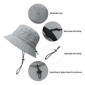 Detail of grey bucket hat featuring breathable vents and adjustable chin strap
