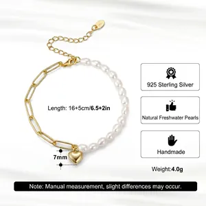 French style 925 sterling silver bracelet with baroque pearls and gold heart charm
