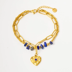 Double-layered golden stainless steel bracelet with natural lapis lazuli and heart pendant