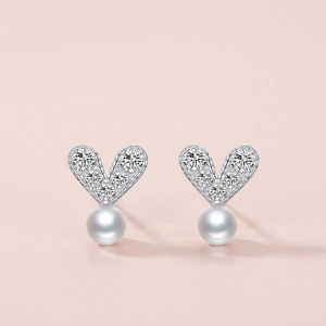 Sparkling Heart Artificial Pearl Stud Earrings With 925 Sterling Silver Earring Post Cubic Zirconia Elegant Sweet Jewelry For Women