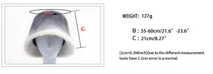Size chart showing 21cm height and 55-60cm circumference for ombre faux fur bucket hat