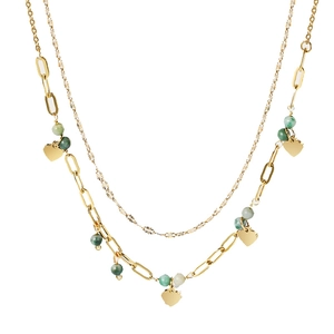 Collier double rang vintage doré avec perles de malachite verte et breloques coeur