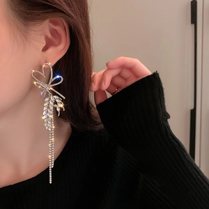 Elegant silver heart and wheat bow tassel earrings with sparkling rhinestones for women