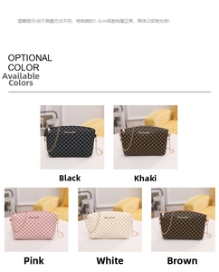 Selection of chic crossbody bags in black, khaki, pink, white, and brown with gold chains