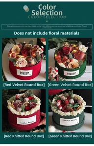 Detail of red and green velvet and knit round Christmas boxes with pine and fairy lights