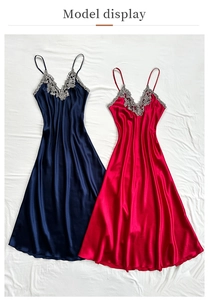 Flat lay of satin slip nightdresses featuring delicate lace necklines in red and navy blue