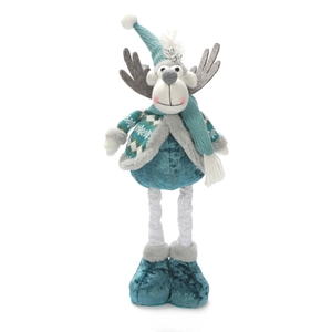 Detail of a plush Christmas reindeer figurine with retractable legs in blue and grey