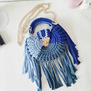 Handmade woven crossbody bag with colorful fringes and golden chain strap for women
