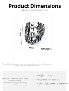 Detailed view of silver-tone goddess wing ring with 29.2mm height and 25.8g weight