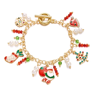 Gold Christmas charm bracelet with Santa, reindeer, and pearl beads on a toggle clasp chain