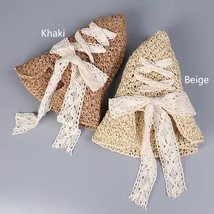 Foldable wide brim straw sun hats in khaki and beige with elegant white lace bows