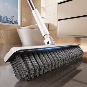 Long handle floor scrub brush with dense grey bristles for bathroom tile cleaning
