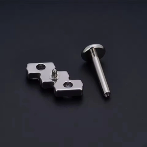 Macro view of G23 titanium labret stud with internal thread and flat back components