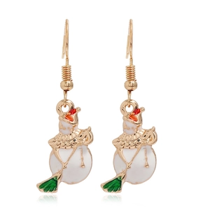 Detail of Christmas snowman drop earrings with white enamel and golden finish hooks
