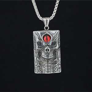 Vintage Skull Relief Pendant Necklace Stainless Steel Red Stone Evil Eye Gothic Punk Retro Jewelry For Men