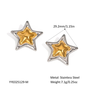 Detailed view of bicolor star earrings with 29.2mm dimensions and stainless steel texture