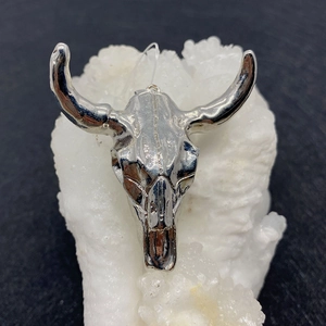 Macro detail of a silver bull head skull charm pendant for DIY necklace making