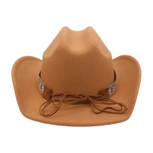 Detail of camel wool cowboy hat featuring ethnic braided band and turquoise accents