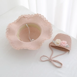 Pink straw sun hat and matching floral crossbody bag set for girls with lace trim