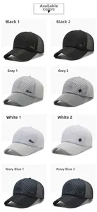 Detail view of breathable mesh baseball caps in black, grey, white and navy with various logos