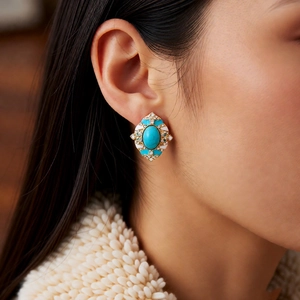 Gros plan d'une boucle d'oreille vintage en émail avec turquoise sur un mannequin