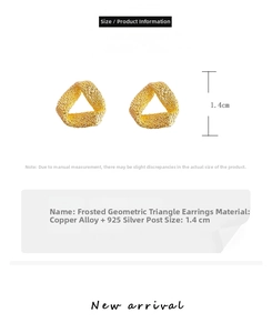 Detailed view of matte geometric triangle earrings with dimensions and 925 silver needles