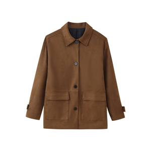 Giacca classica in pelle scamosciata marrone con colletto a rever e ampie tasche