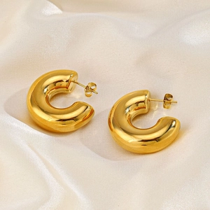 Chunky C-Shaped Hoop Earrings Stainless Steel 18K Gold Plated European Fashion Geometric Hip Hop Jewelry For Women