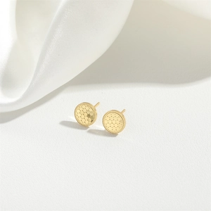 Minimalist gold round cross earrings with honeycomb texture and beaded edge design