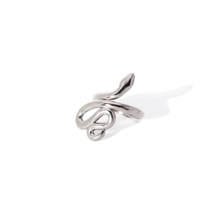 Detailed view of snake-shaped silver ring in a multi-layered geometric coil design