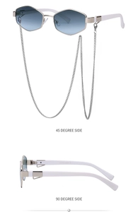 Polygonal sunglasses with blue gradient lenses and silver chain, 45 and 90-degree side views