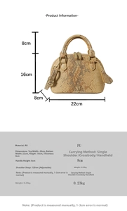 Detailed size specifications for women's shell bag including handle and body dimensions