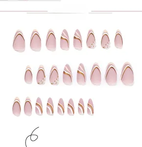 Detail view of 24pcs almond press-on nails with white waves, gold lines and pearls