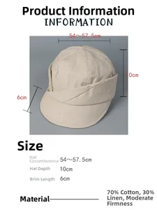 Detailed chart showing linen cotton newsboy cap size and 70% cotton 30% linen fabric blend