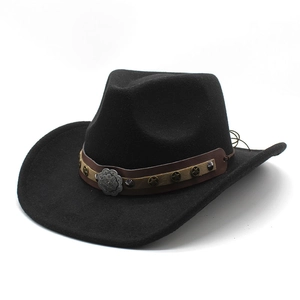 Classic black wool western cowboy hat with brown leather star-studded band on white back