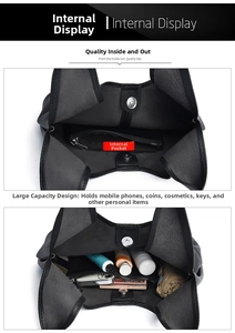 Internal view of black pebble leather tote bag showing large capacity and zipper pouch