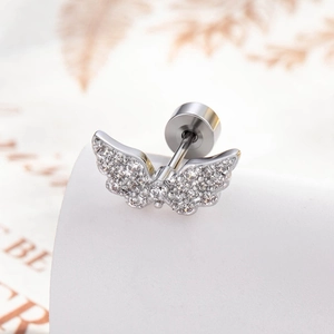 Silver angel wing stud earring with micro-pave cubic zirconia and screw-back closure