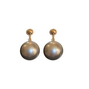 Elegant gold plated silver needle pearl earrings with large grey drop pearl beads