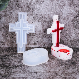 DIY silicone cross candle holder mold set with finished white and red splattered resin cross