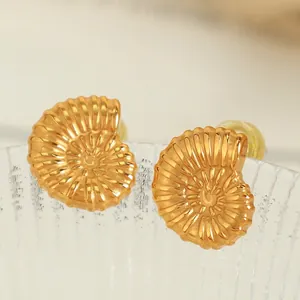 18K gold plated titanium steel spiral seashell stud earrings with silicone backings