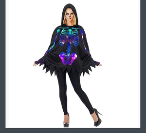 Detailed view of galaxy skeleton print on black hooded cloak for Halloween costumes